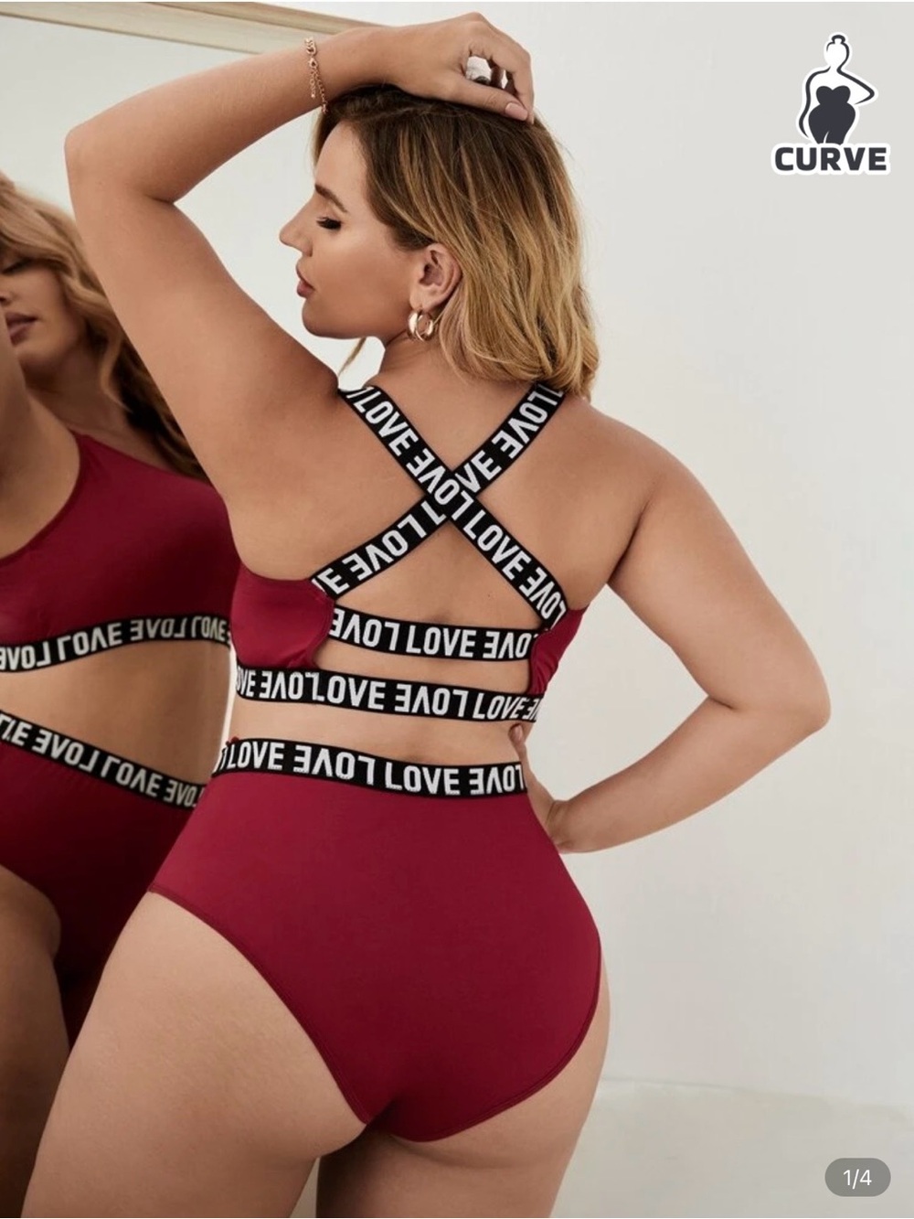 Curve Plus-Size 'LOVE' Strappy High-Waist Bikini Set in Wine Red